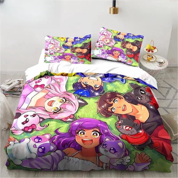 v2281 Bed Sheets New Cartoon Game Cute Aphmau with Wings Bedding Set Sheet King Twin Double Child Bedding Set Mircofiber or Polyester Duvet Cover 3-Piece Bedding Set (1 Duvet Cover + 2 Pillow Shams) B