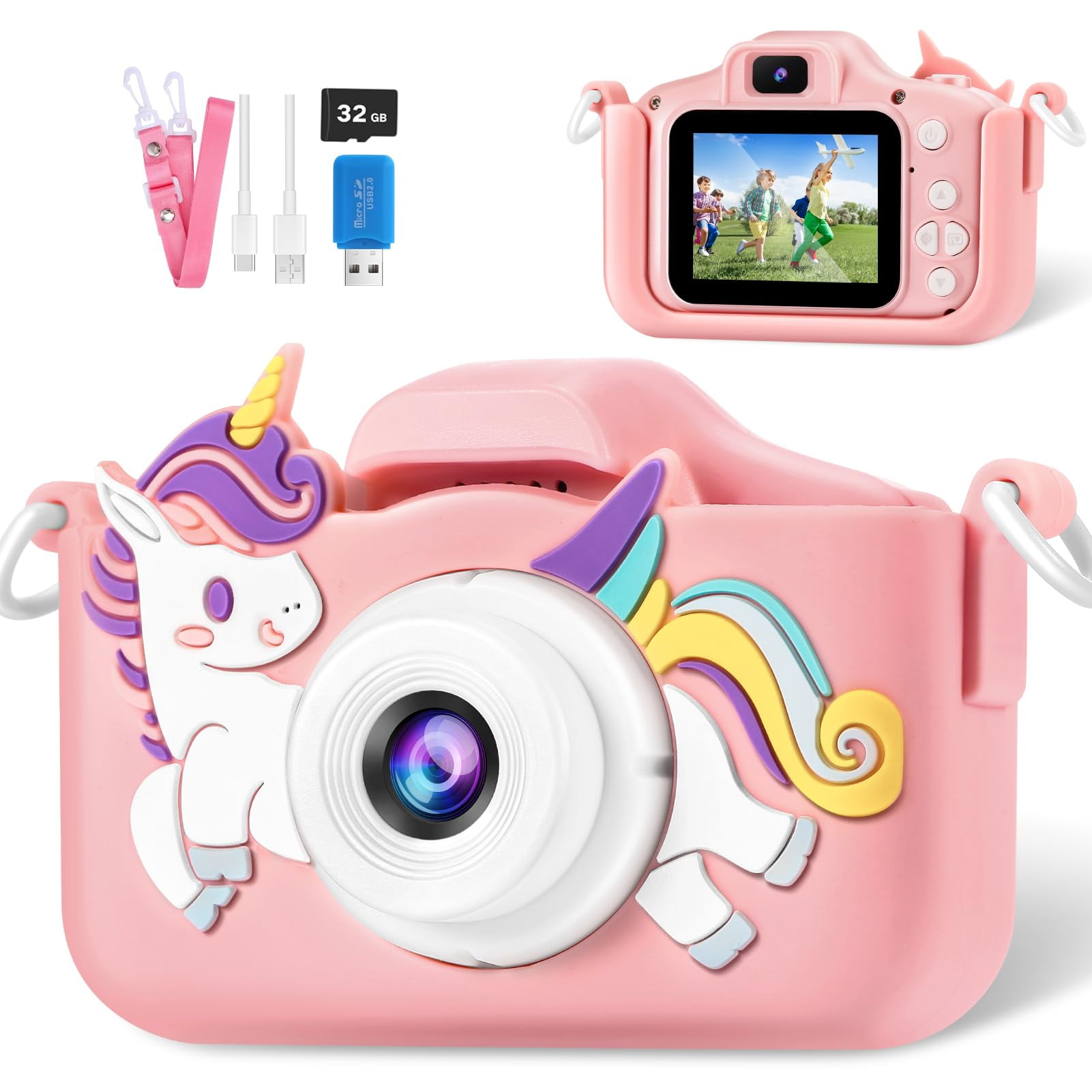 Puoene - Cámara Digital Multifuncional Para Niños Con Tarjeta De 32 Gb, Color Rosa