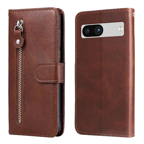 Funda tipo cartera para Google Pixel 7A con bolsillo con cremallera y ranuras para tarjetas – Función de soporte Marrón