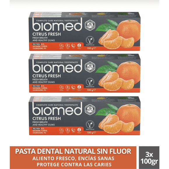 Pack 3 Pastas Dentales Sin Fluor Biomed Citrus Fresh 100g