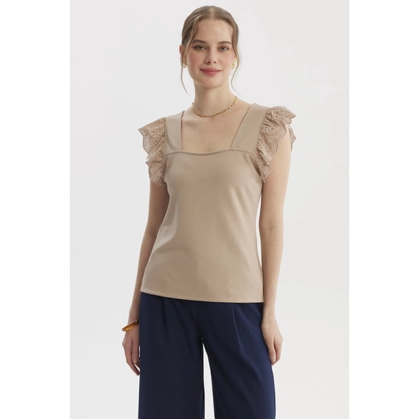 Polera Mujer Vuelo Escote Cuadrado Beige Claro