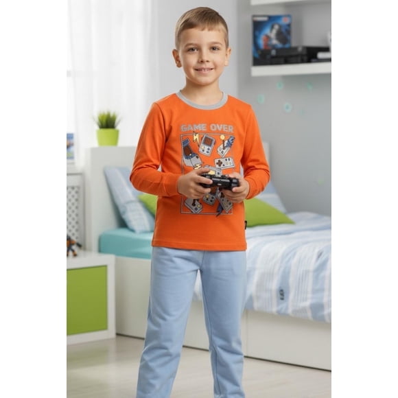 Pijama Franela Niño Estampado Game Over naranja 4