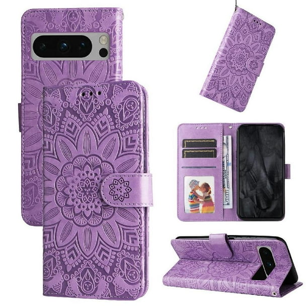 Funda tipo cartera FOXDOCK para Google Pixel 8 Pro , diseño girasol en relieve, cuero PU, cierre magnético, soporte y tarjetero