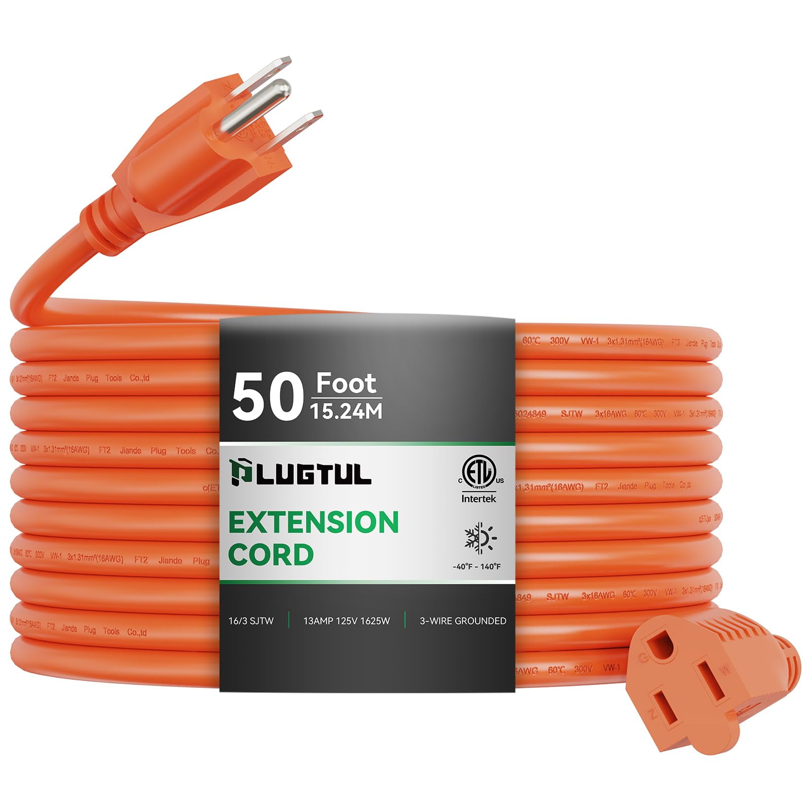 Cable De Extensión Para Exteriores Plugtul, Resistente Al Agua, 50 Pies, 13 A, 1625 W