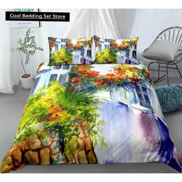 Oil Painting Landscape Duvet Cover Natural Scenery Bedding Set Teen Adult Floral Ocean Building Polyester Quilt Cover Bed Sheets
