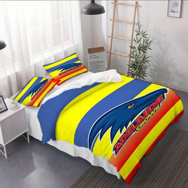 3pcs Adelaide Crows Logo Duvet Cover Set - Vibrant Yellow Blue Orange Design with Zipper Closure