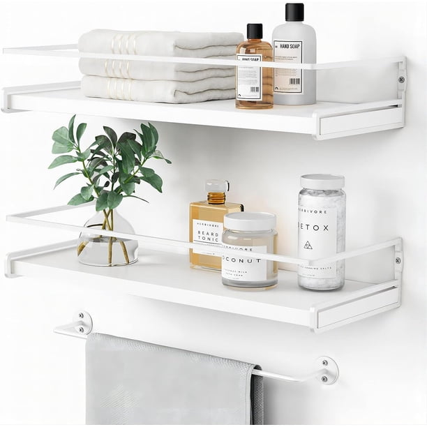 Forbena White Floating Shelves for Bathroom Organizer Over Toilet, Bathroom Shelves Wall Mounted with Towel Rack, Small Corner Wall Shelf for Bedroom Decor Kitchen Storage (White-Grey Set of 2)