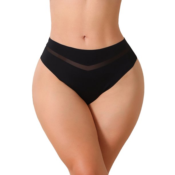INSPIRE CHIC Bragas de Bikini de Seda de Hielo para Mujer de Cintura Media en Forma de V con Tanga de Malla Grande Negra