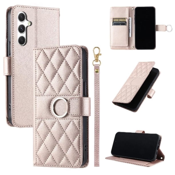 Funda Acolchada con Anilla y Correa para Samsung Galaxy S24 Plus Slots para Tarjetas Oro rosa