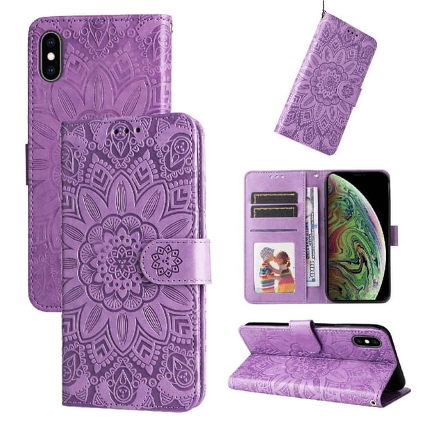 Funda tipo cartera FOXDOCK para iPhone XR , diseño girasol en relieve, cuero PU, cierre magnético, soporte y tarjetero