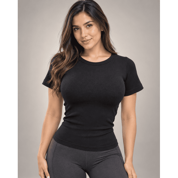 Polera Deportiva Mujer Manga Corta Acanalada Cuello Redondo
