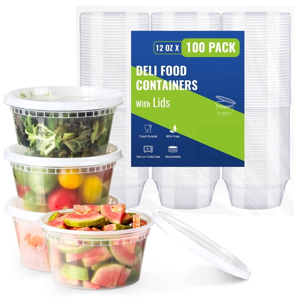 AOZITA 100 juegos de contenedores de plástico de 12 oz con tapa, sellado hermético, aptos para congelador, lavavajillas y microondas, para almacenar alimentos y llevar comidas