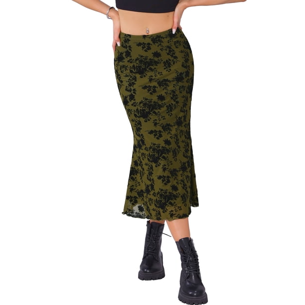 INSPIRE CHIC Falda Floral para Mujer con Cintura Alta Elástica de Malla Cola de Pescado Otoño Invierno Elegante Falda Midi XS Verde Oliva