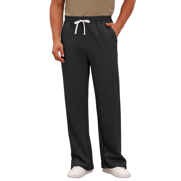 INSPIRE CHIC Pantalones de Hombre Casuales de Color Sólido con Textura Jacquard de Pierna Recta y Cintura con Cordón 38 Negro