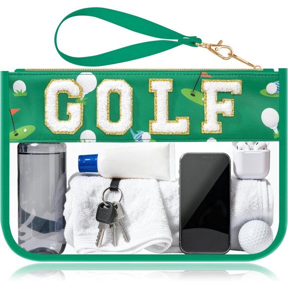 BuyCard Golf Gifts Makeup Bag with Chenille Letter Patch, Clear PVC, Green