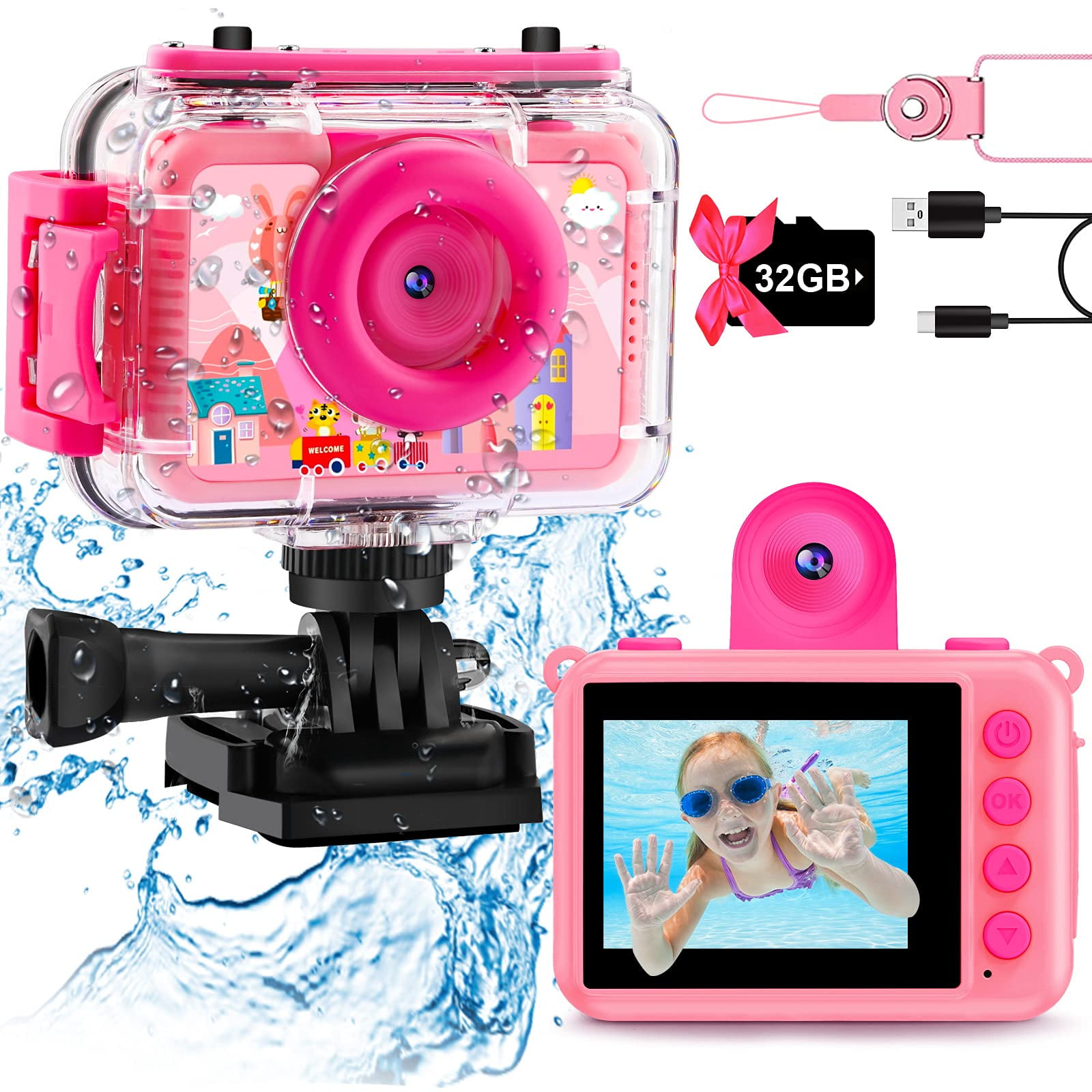 Cámara Impermeable Gktz Kids 20mp 1080p Con Tarjeta Sd De 32gb Rosa