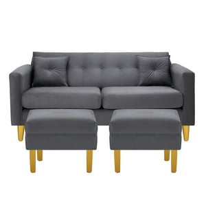 Bodevir - Sofa New Retro 3C + 2 Pouf Felpa 01 Gris