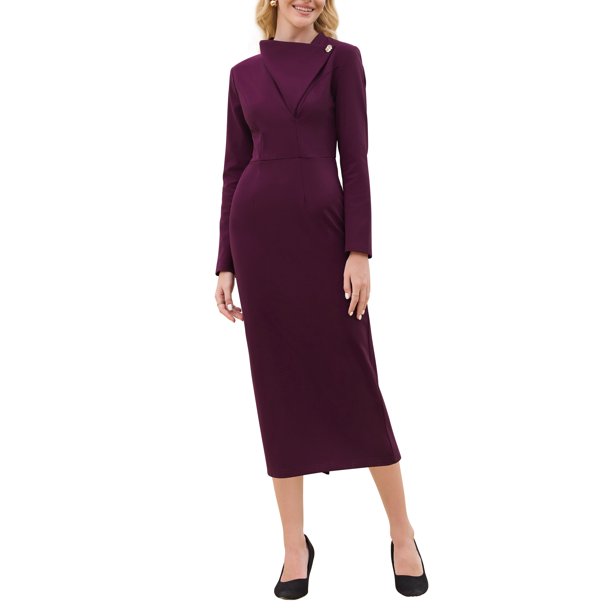 INSPIRE CHIC Vestido Elegante de Mujer Lápiz Cuello en V Manga Larga 2025 Vestidos de Trabajo a la Rodilla L Púrpura