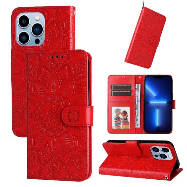 Funda tipo cartera FOXDOCK para iPhone 13 Pro , diseño girasol en relieve, cuero PU, cierre magnético, soporte y tarjetero