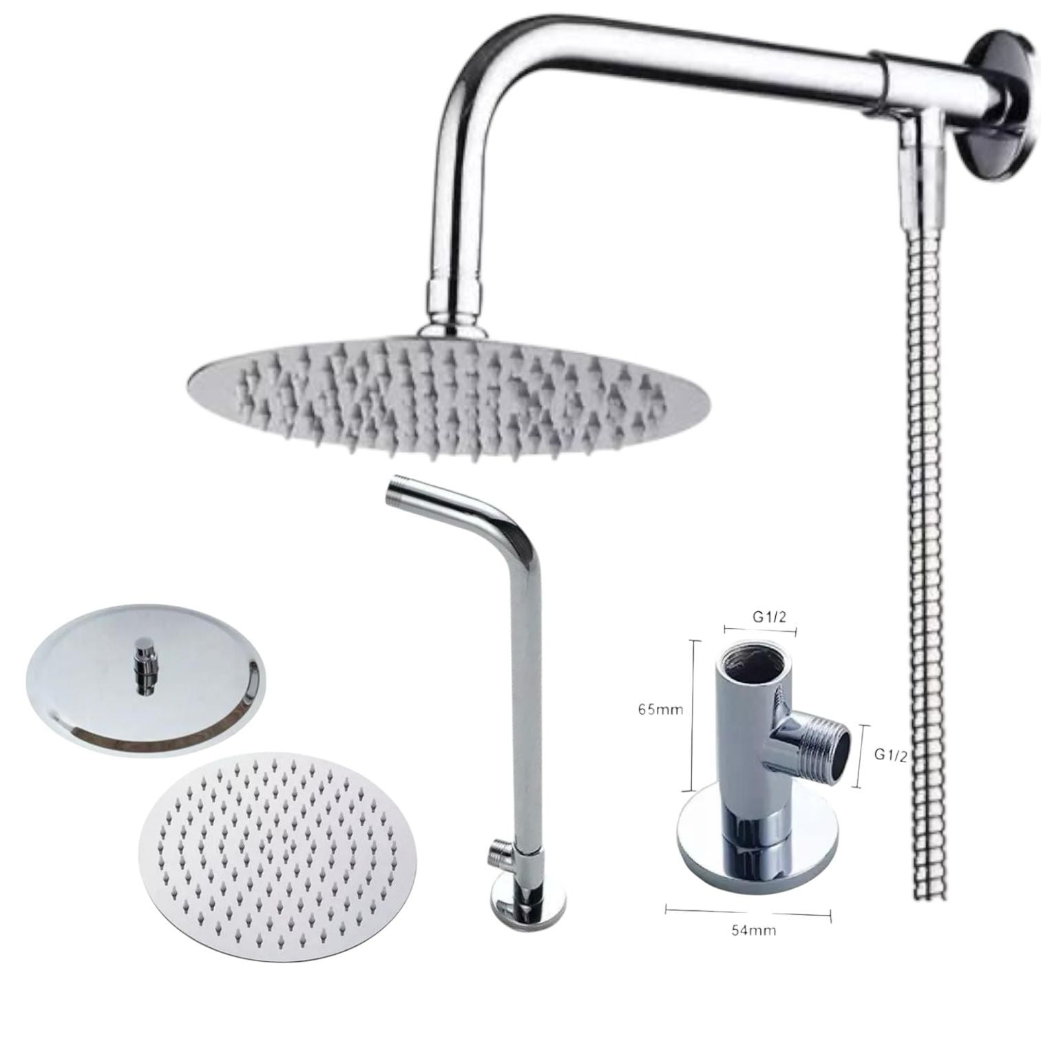 Alday - Kit Brazo De Ducha Para Flexible De 30cm + Plato Redondo N8 En Acero Inoxidable