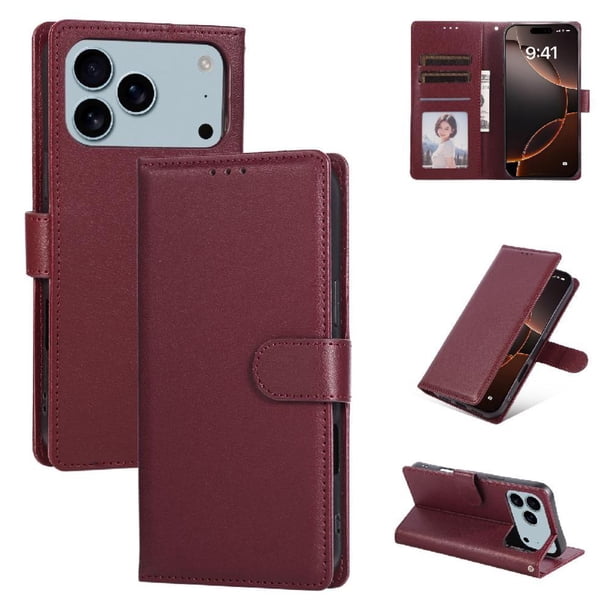 Funda Cartera para iPhone 17 Pro Max con Tarjetero, Soporte y Cordón - Protección Rojo