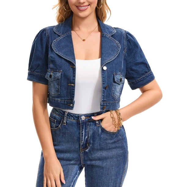 INSPIRE CHIC Chaqueta de Mezclilla Recortada para Mujer 2026 Chaquetas de Jean de Manga Corta de Moda Bolero Shrug L Azul