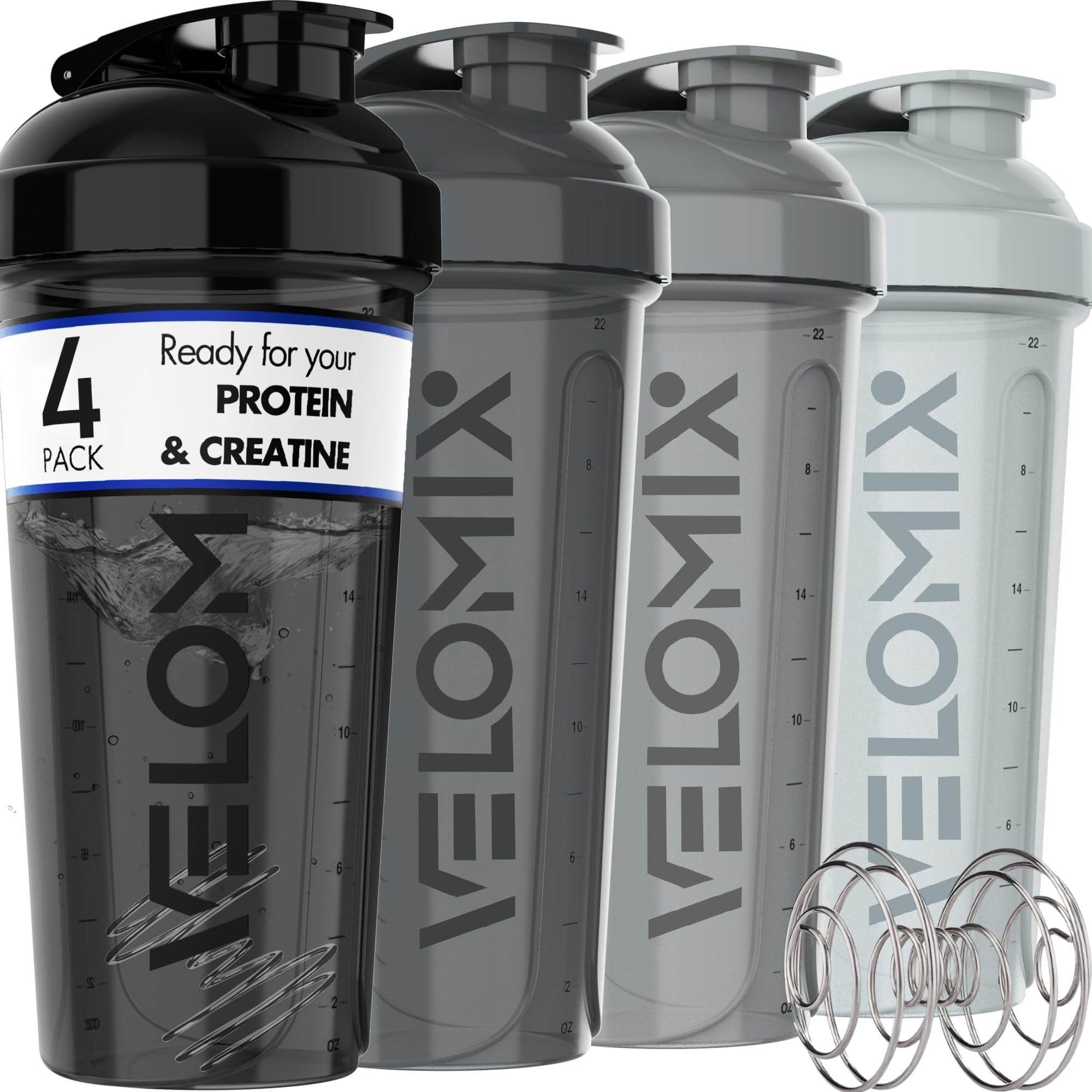 Velomix - Botella Mezcladora De Proteínas 800 Ml Paquete De 4 Con Batidor De Alambre