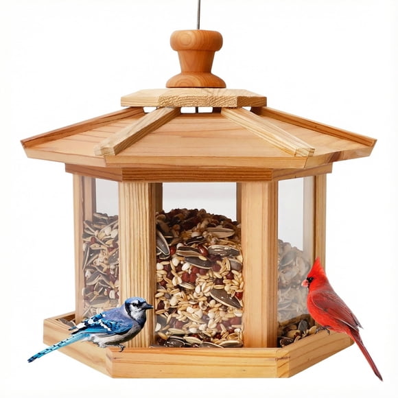 Comedero para aves Solution4Patio, cenador hexagonal de cedro con malla ventilada
