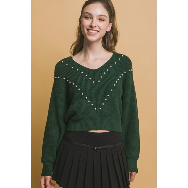 Saronite Suéter Térmico Elástico de Punto Acanalado con Cuello Redondo y Detalles de Perlas, Verde Cazador (para Mujer)