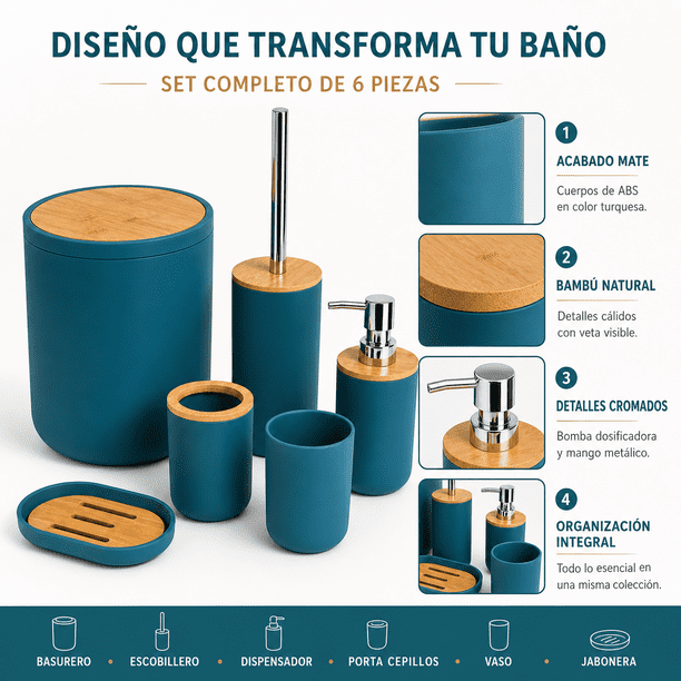 Set De Baño Completo 6 Piezas De ABS Y Bambu Moderno Con Basurero Dispensador Y Escobilla Color Turquesa