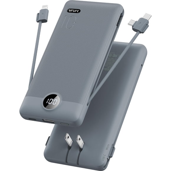 Cargador portátil VRURC de 10000 mAh con cables integrados y enchufe de pared