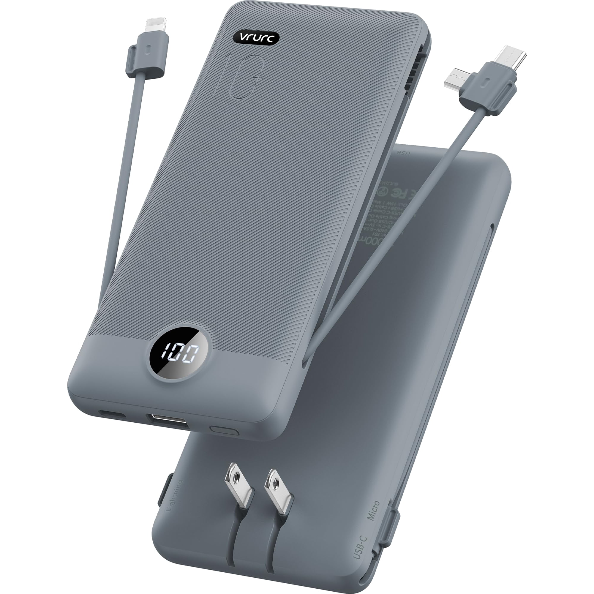 Cargador Portátil Vrurc De 10000 Mah Con Cables Integrados Y Enchufe De Pared