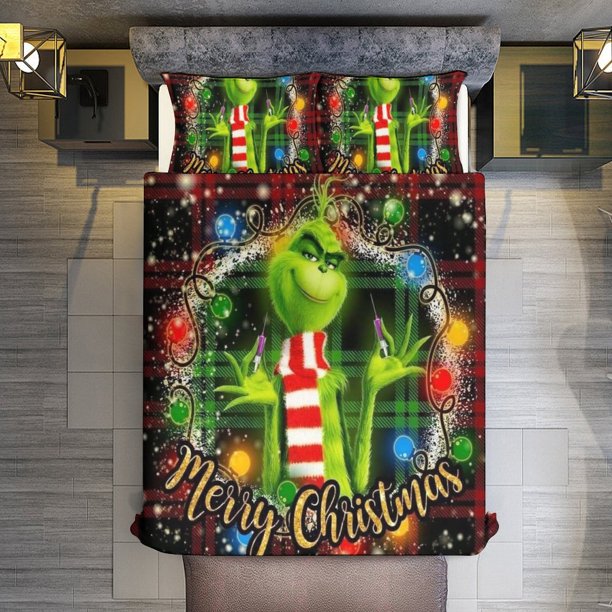 Merry Christmas Grinch 3 Piece Sets Full/Queen Size - Reversible Microfiber Quilts with 2 Shams Soft Lightweight Bedspread Coverlet Comforter for All Season Bed Sheets