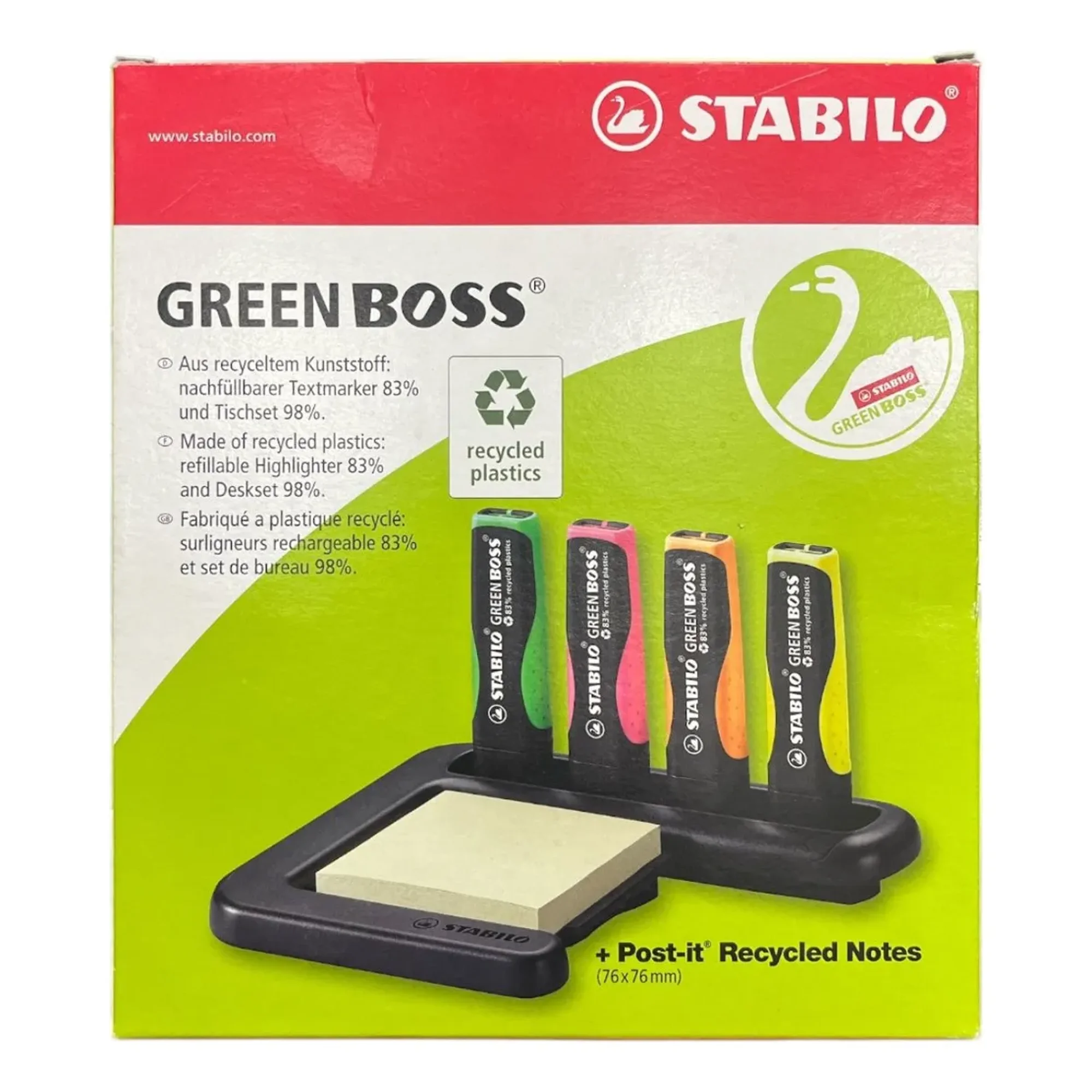 Set 4 Destacadores Ecológico Stabilo Green Boss + Post-it