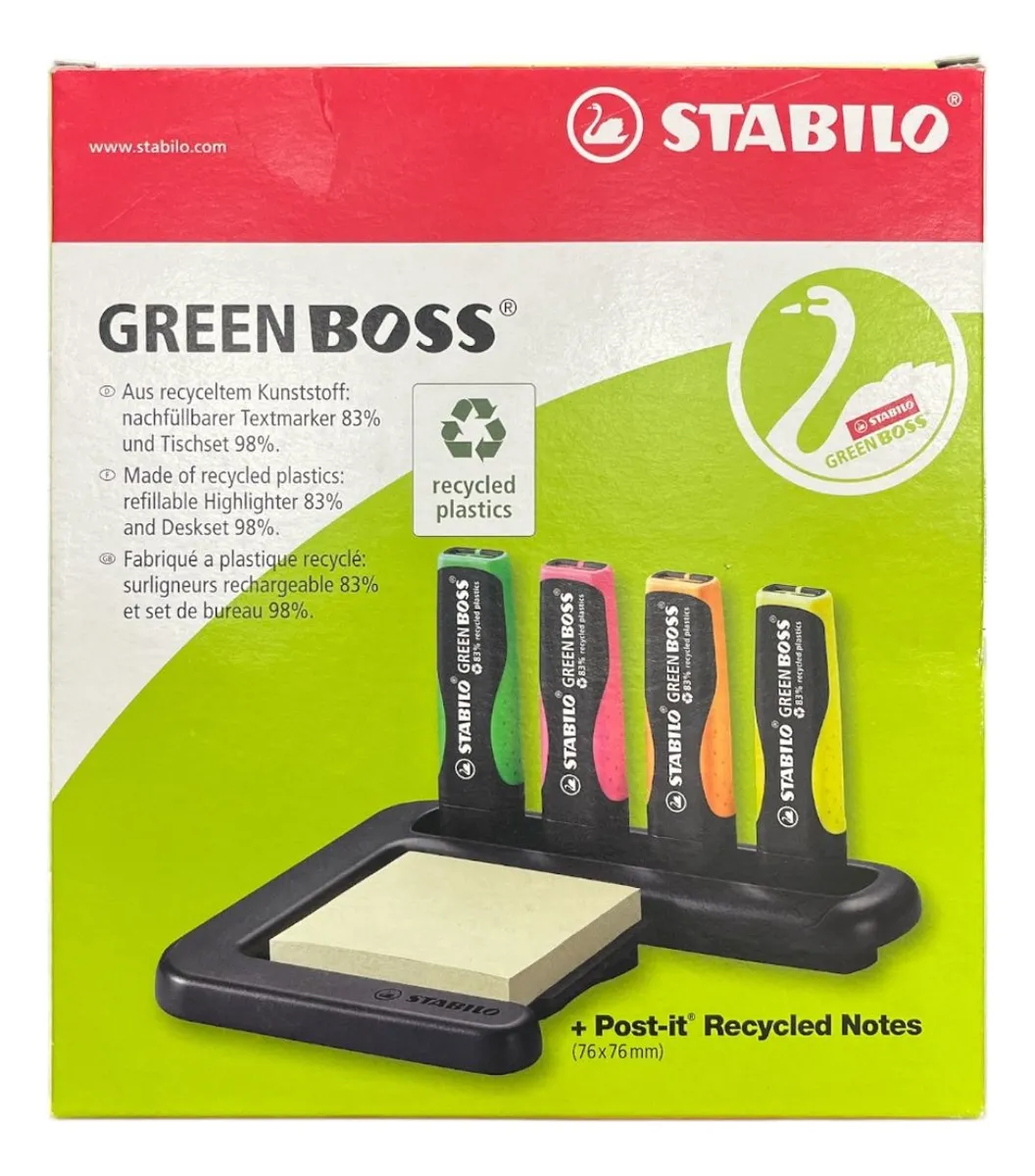 Set 4 Destacadores Ecológico Stabilo Green Boss + Post-It