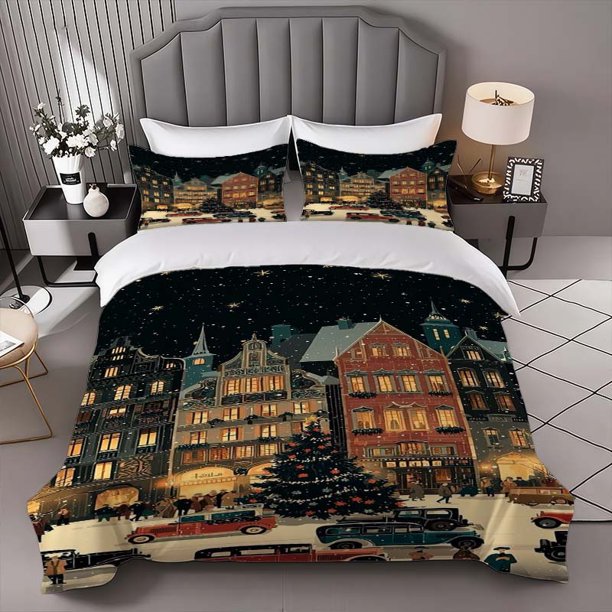 Christmas Town Snow Scene Themed Bedding Three-Piece Set Duvet Cover and Pillowcase Set Soft and Comfortable