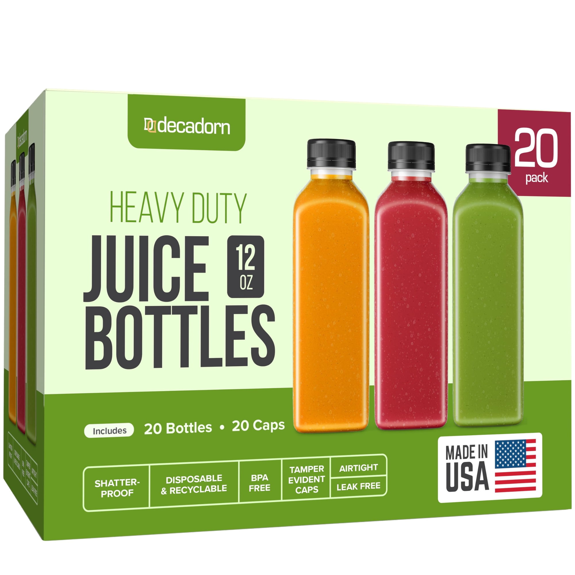 Botellas De Jugo Decadorn De 355 Ml, 20 Unidades Con Tapas Para Nevera Sin Bpa