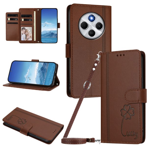 Funda Cartera Trébol para Xiaomi Redmi 14C 4G con Ranuras Tarjetas y Carga Inalámbrica Marrón