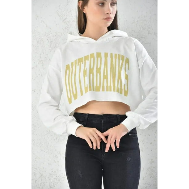 Poleron Crop Mujer Blanco Con Capucha Talla L