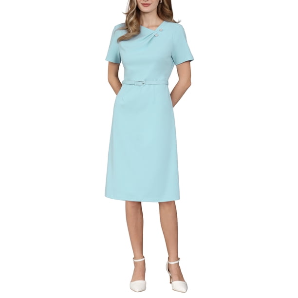 INSPIRE CHIC Vestido de Mujer Línea A Manga Corta Cuello Asimétrico Elegante Vestidos de Trabajo Empresarial con Cinturón 2XL Azul Claro
