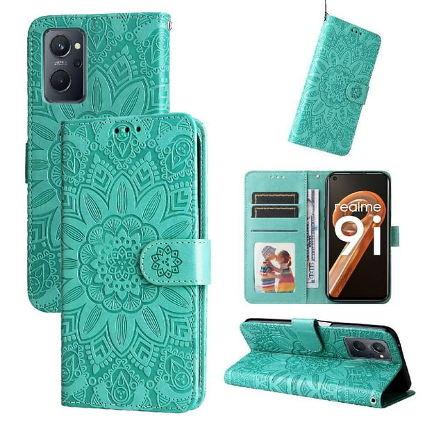 Funda tipo cartera FOXDOCK para Realme 9i , diseño girasol en relieve, cuero PU, cierre magnético, soporte y tarjetero