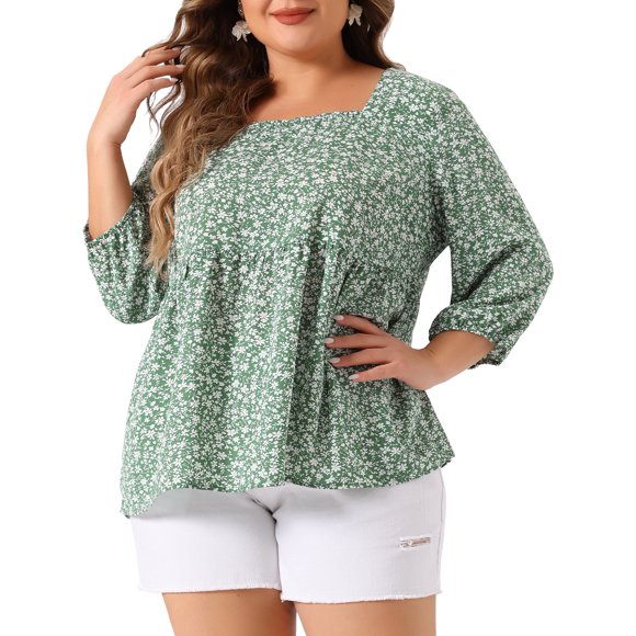 Blusa Babydoll de Talla Grande para Mujer de Agnes Orinda Cuello Cuadrado Manga 3/4 Estampado Floral Peplum Talla 3X Verde