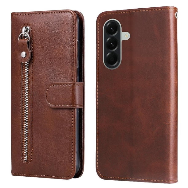 Funda tipo cartera para Samsung Galaxy A57 con bolsillo con cremallera y ranuras para tarjetas – Función de soporte Marrón