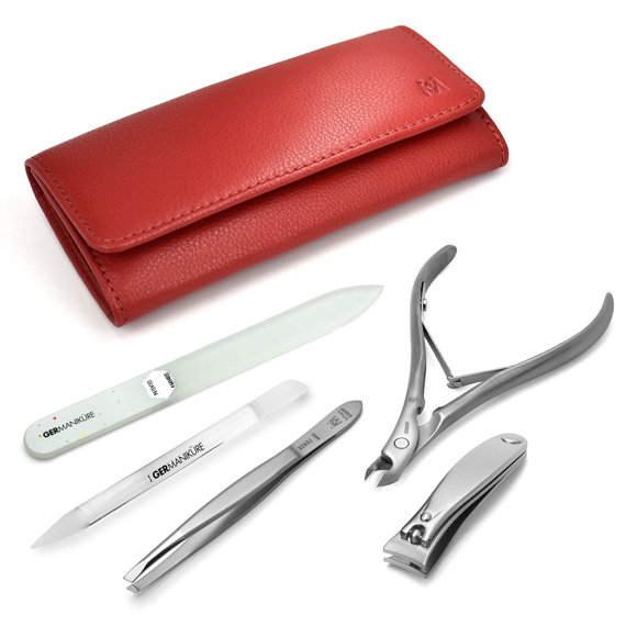 Cortaúñas GERMANIKURE 5 piezas con estuche de cuero rojo