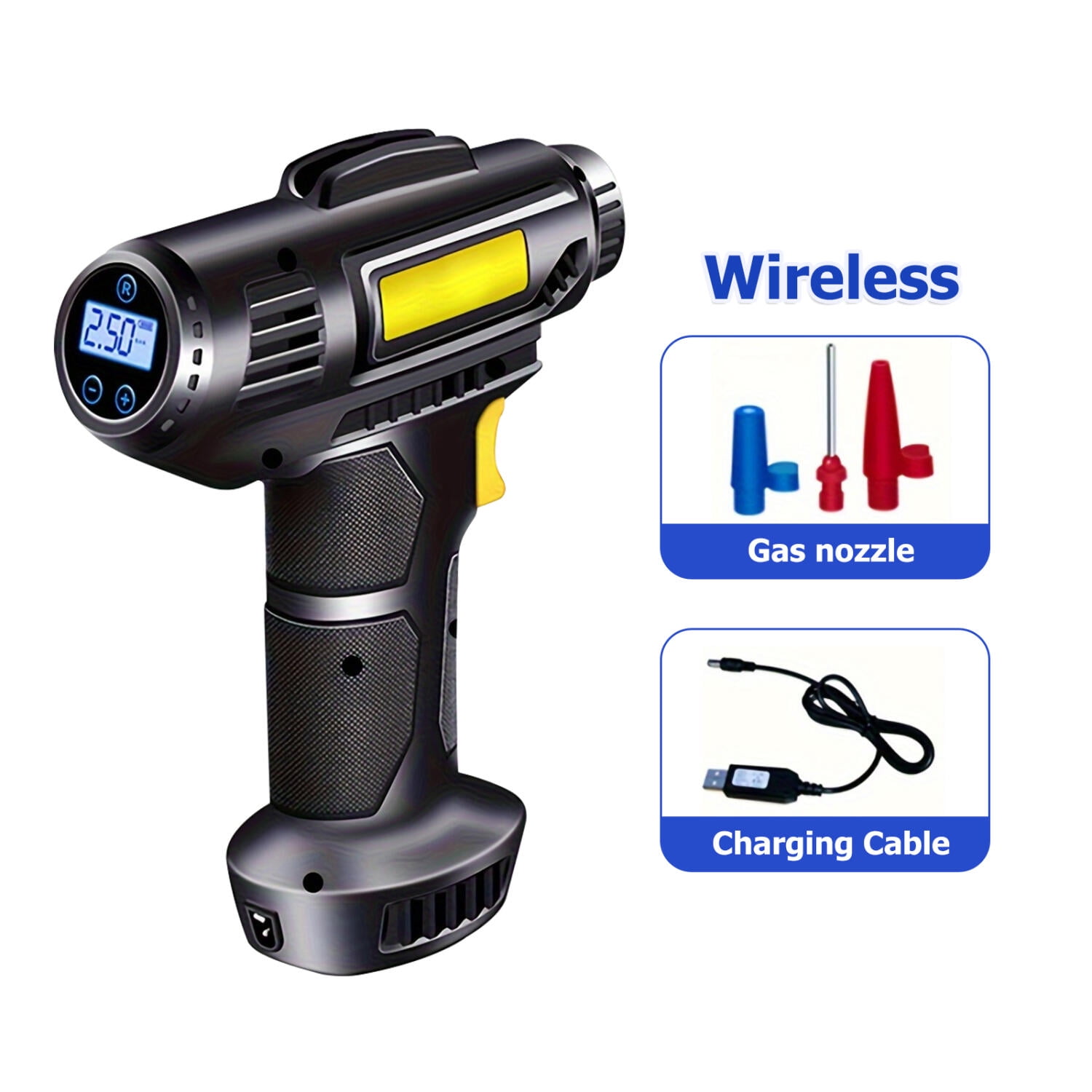 Jenabom - Inflador De Neumáticos De Automóvil Inalámbrico De Mano, Compresor De Aire Multifuncional Recargable Con Pantalla Led, Adecuado Para Bicicletas, Motocicletas Y Equipos Deportivos.