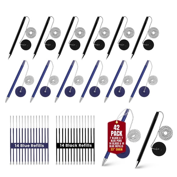 Set de bolígrafos Uwaomah de 42 piezas, negro y azul, con cadena de 23"
