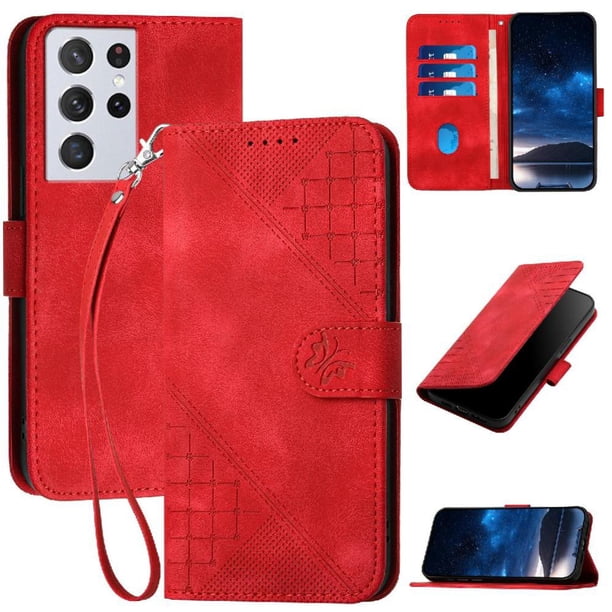 Funda Flip Premium Fibra de Carbono para Samsung Galaxy S21 Ultra con Soporte y Cierre Rojo