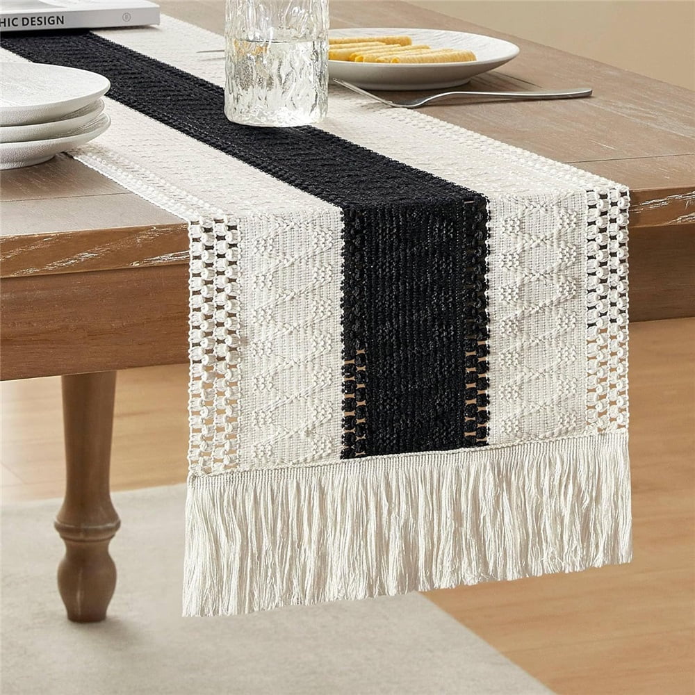 Xusx111 - Estilo Bicolor Coser Mesa Corredor, 12 X 108 Pulgadas Negro/marfil, Corredores De Mesa Negra 108 Pulgadas De Largo, Casa De Campo Tejido Decoración Del Hogar