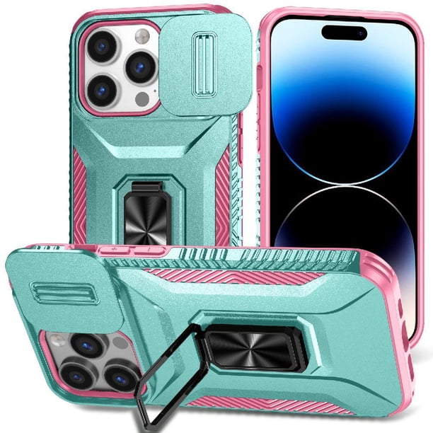 Funda Armada para iPhone 14 Pro con Tapa Deslizante y Soporte Magnético Giratorio Verde