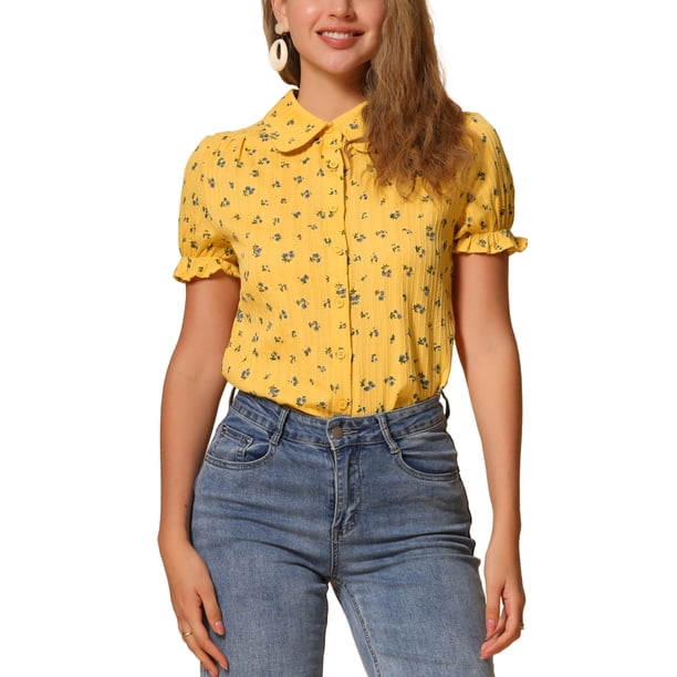 INSPIRE CHIC Camisa de Mujer con Cuello Peter Pan, Botones, Mangas Abullonadas, Estampada, Amarillo Púrpura Talla L